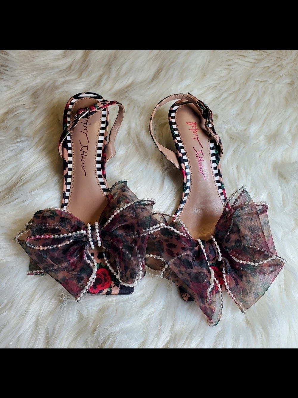 Betsey Johnson Floral Leopard Bow Slingback Sandals in Pink and Black - Picture 2 of 7